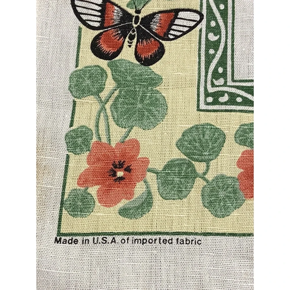 Vintage 1989 Calendar Tea Towel Linen Red Floral Butterfly Cottagecore Retro USA
